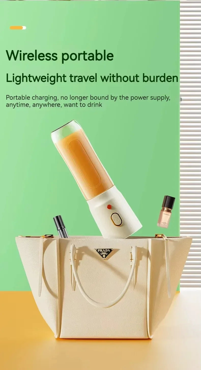 White portable wireless blender inside a beige tote bag, shown against a green background.