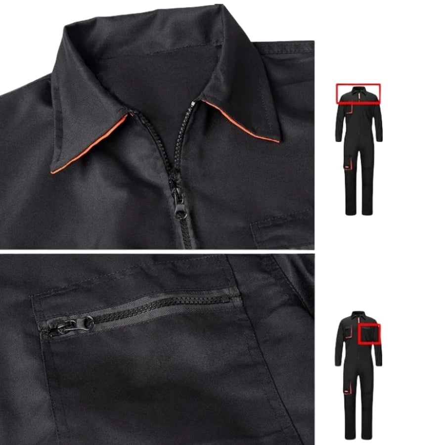 Close-up of black heavy-duty work coveralls featuring a collared zip front with orange trim and a zipped chest pocket.