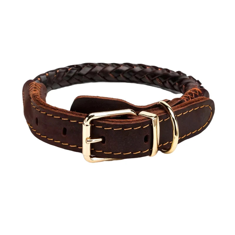Dark brown braided real leather dog collar with gold-tone buckle and D-ring, featuring contrast stitching.
