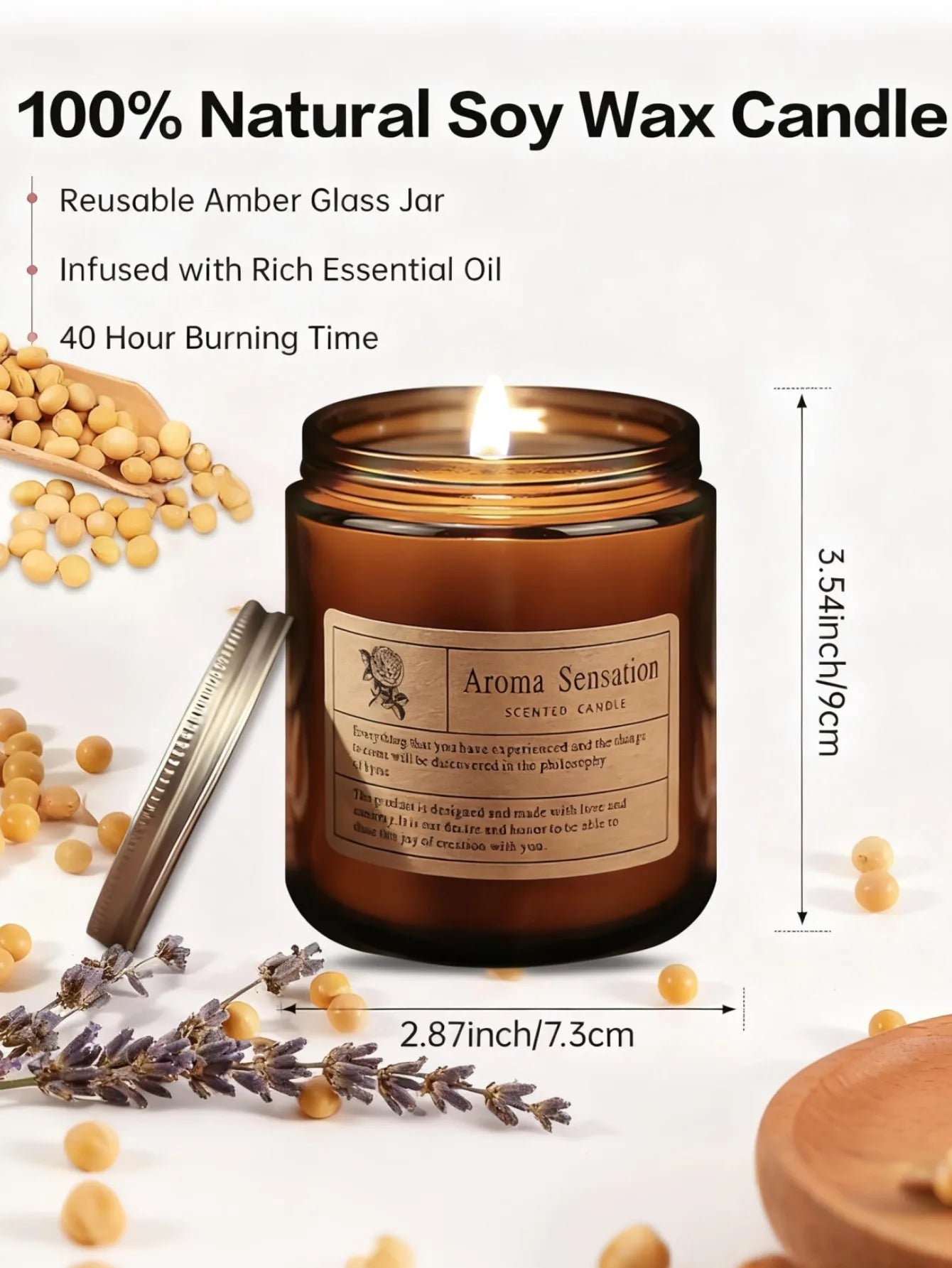 Scented soy wax candle in a reusable amber glass jar with 40-hour burn time, surrounded by soy beans and lavender.