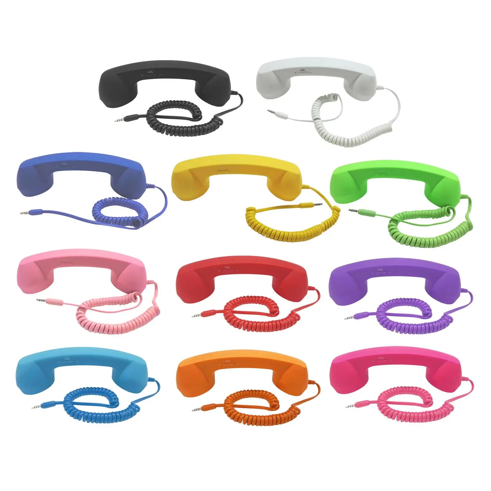 Selection of retro-style telephone handsets in various bright colours, each with a coiled cable and 3.5mm jack plug.