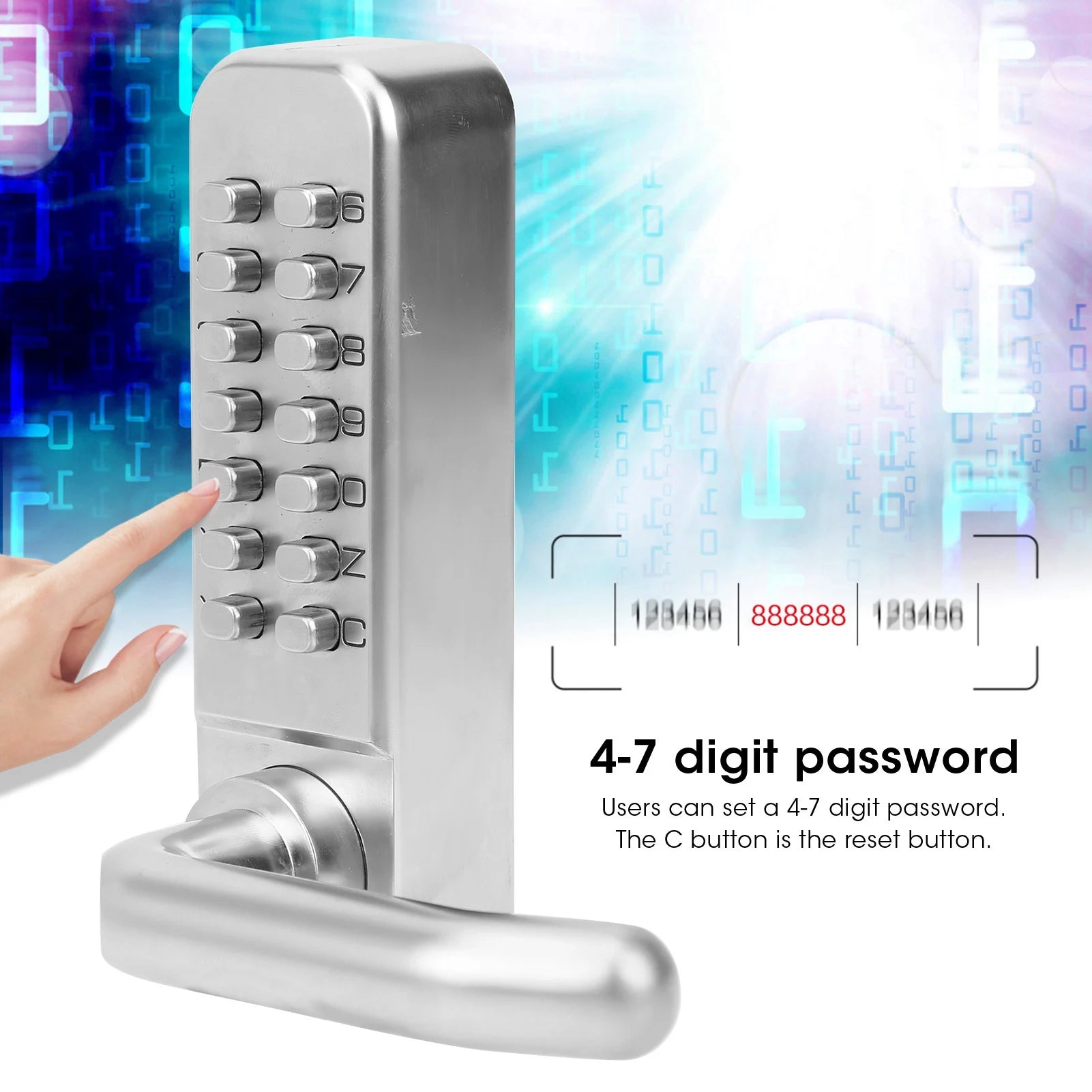 Silver metal door lock with a mechanical push-button keypad, lever handle, and a C reset button.