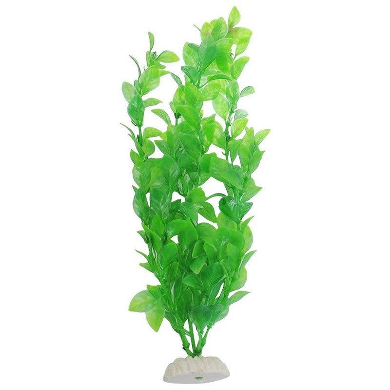 An artificial aquarium plant with bright green plastic leaves on a small, round white weighted base.