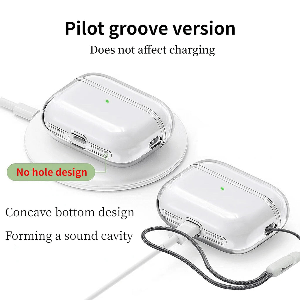 Clear, protective AirPods case with a "no hole" concave bottom design for wireless or cable charging.