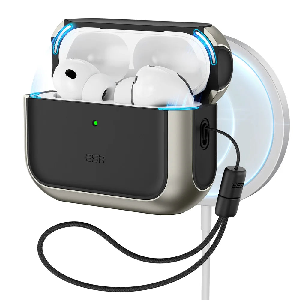 Black and silver shock-absorbent ESR case for AirPods Pro, featuring a wrist lanyard and wireless charging support.