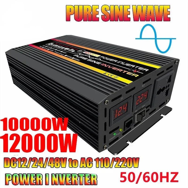 Black 12000W pure sine wave power inverter with a digital display and dual AC output sockets.