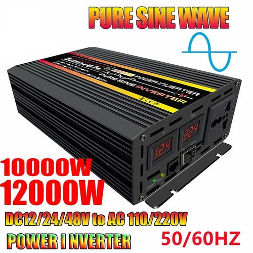 Black 12000W pure sine wave power inverter with a digital display and dual AC output sockets.