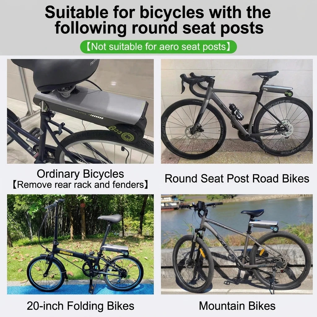 Silver electric bicycle booster mounted under the seat, shown installed on various bikes for round seat posts.