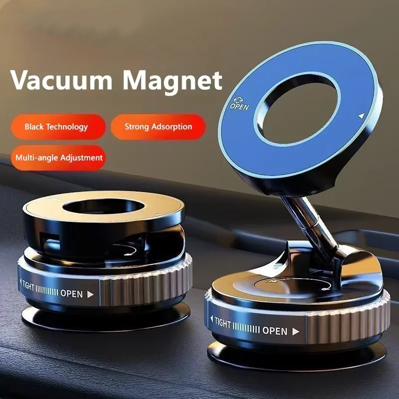 Black, multi-angle magnetic phone car mount with a ring design and suction base on a textured dashboard surface.