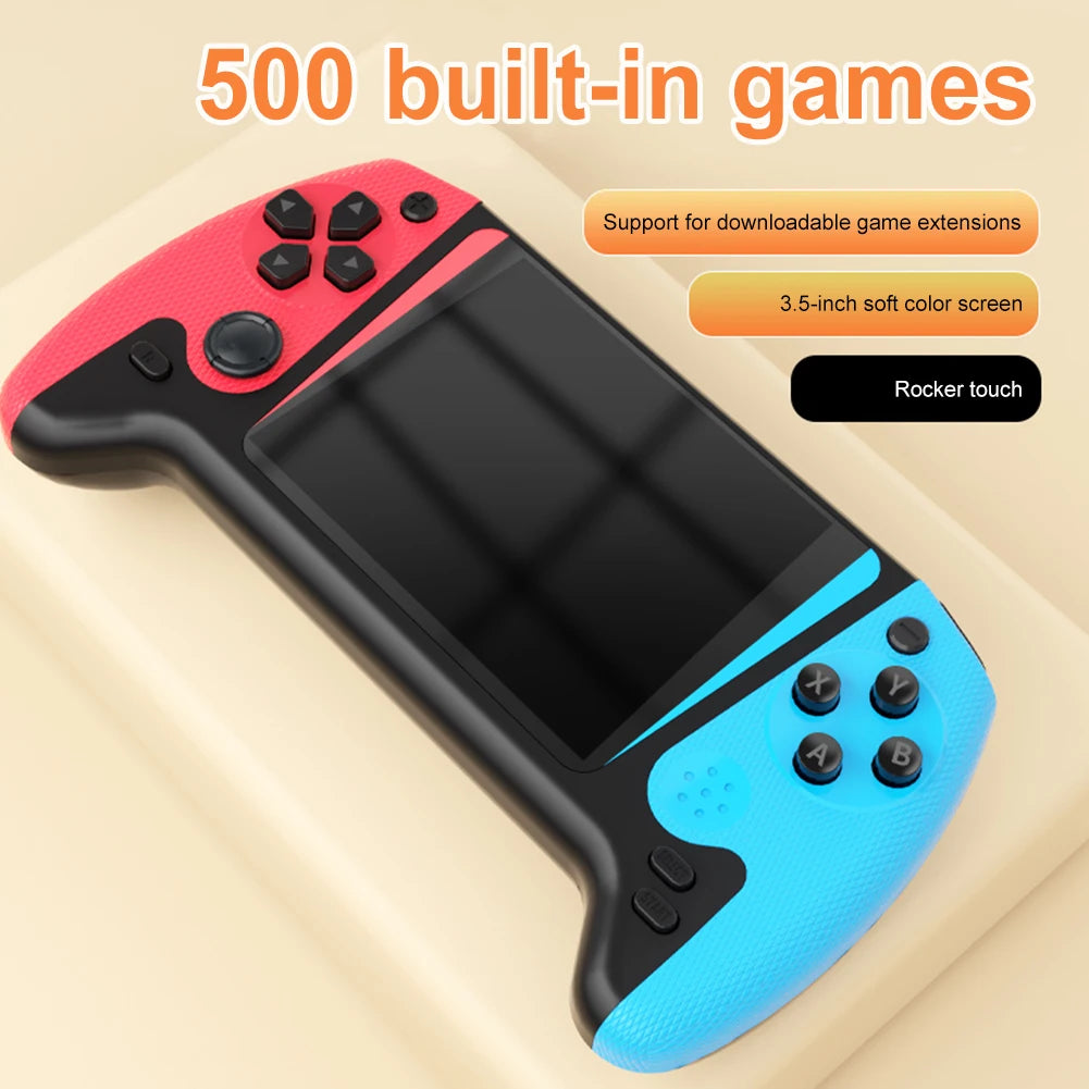 Black retro handheld game console with red top grip, blue bottom grip, and central screen.