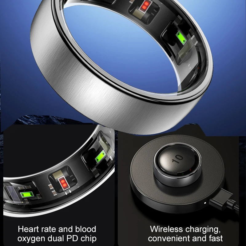 Sleek silver smart health ring with internal heart rate and blood oxygen sensors, shown on a wireless charging dock.