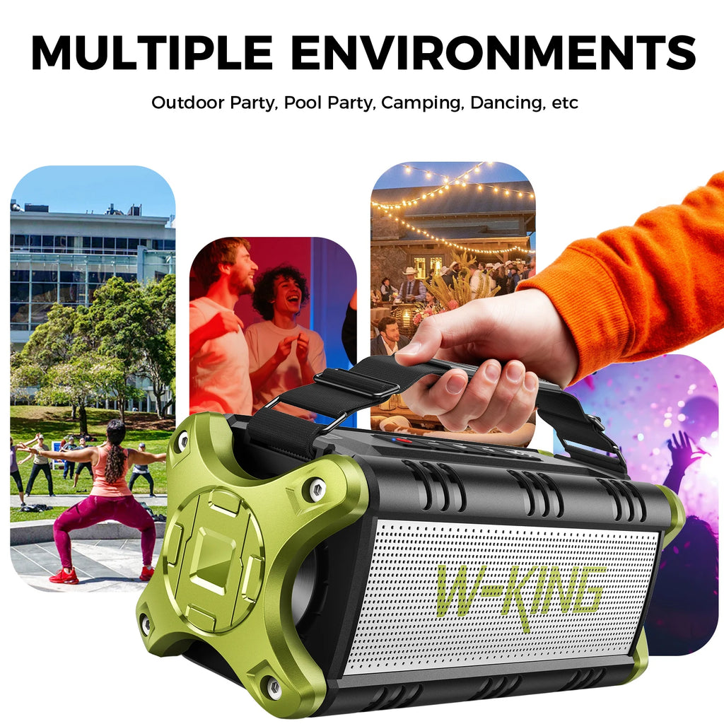 A hand carries a rugged, lime-green and black portable 90W Bluetooth speaker with a convenient carry strap.
