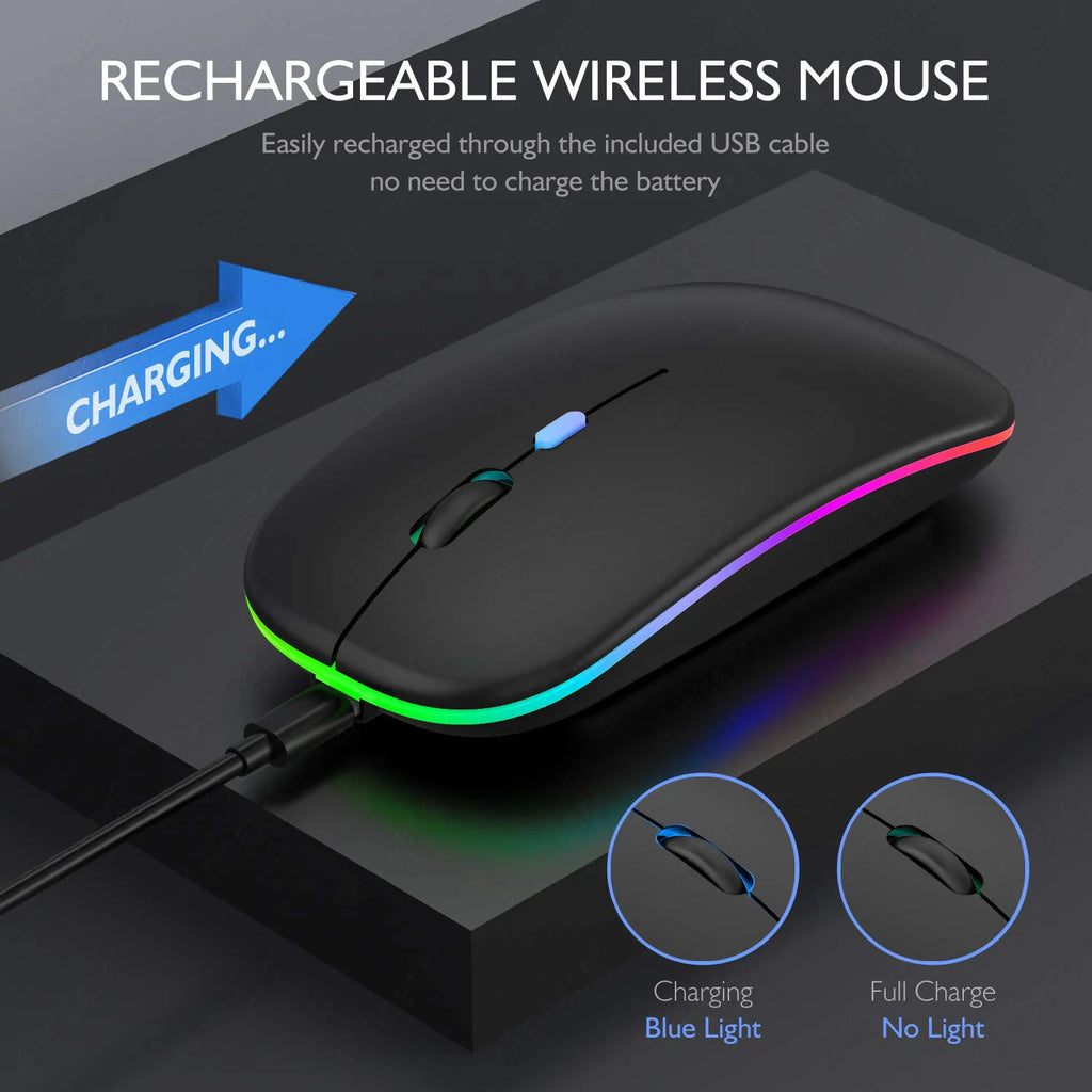 Slim, black wireless ergonomic mouse with RGB side lighting, shown being recharged via USB cable.
