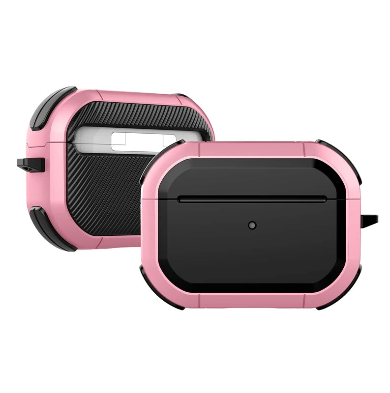 Rugged pink and black protective case for AirPods Pro, featuring a durable, shock-resistant hybrid material design.