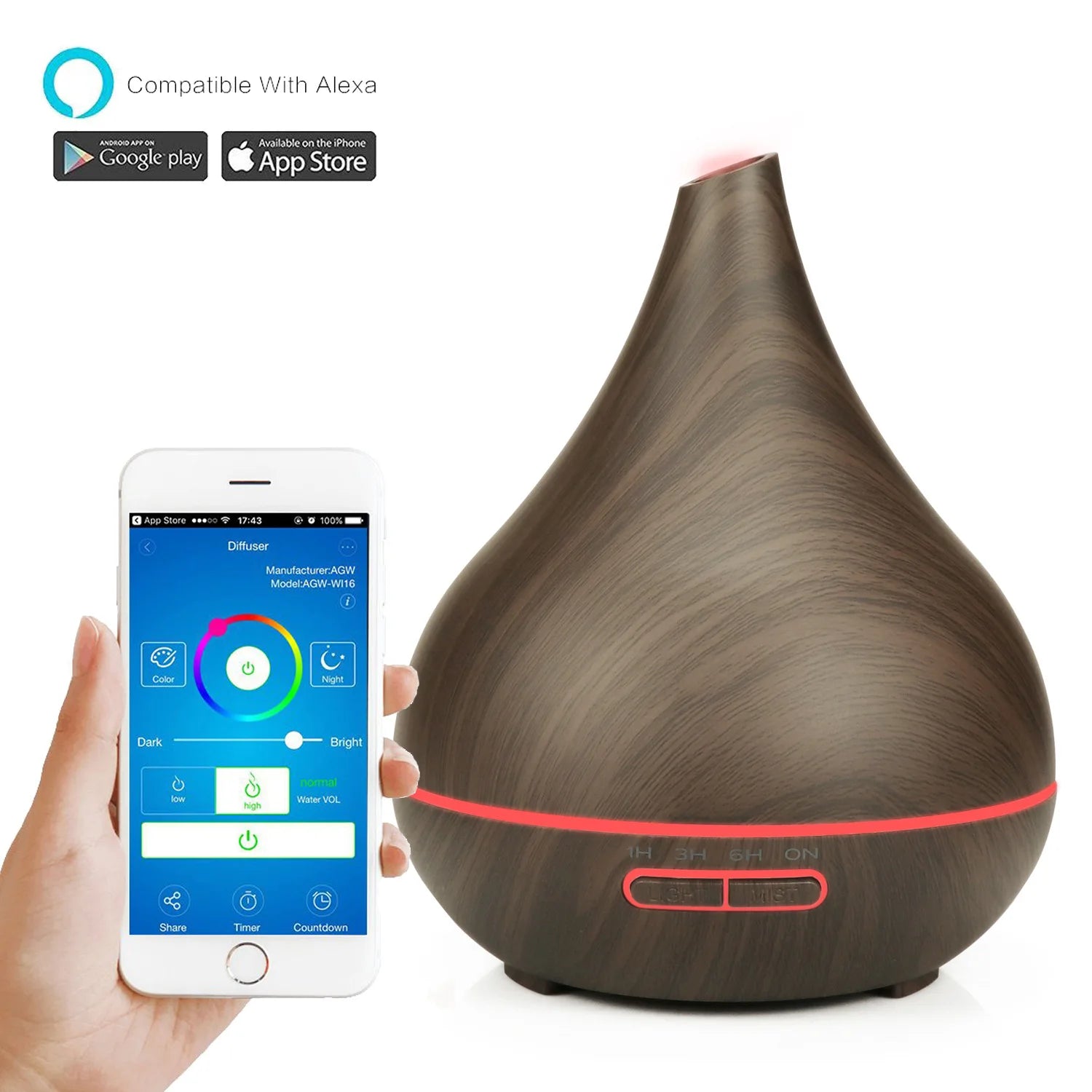 Dark wood-effect smart essential oil diffuser with a teardrop shape, controlled by a smartphone app.
