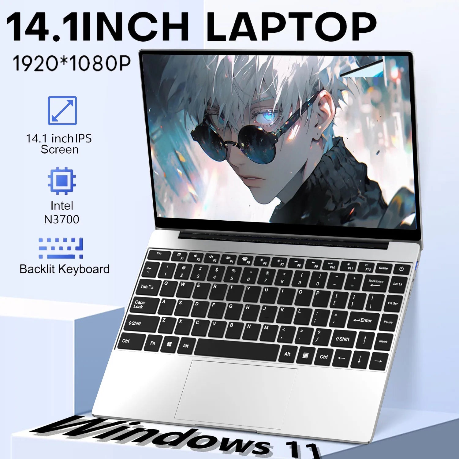 Ultra-slim silver 14.1-inch laptop with Full HD IPS display, black backlit keyboard, and large trackpad.