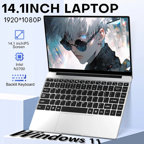Ultra-slim silver 14.1-inch laptop with Full HD IPS display, black backlit keyboard, and large trackpad.