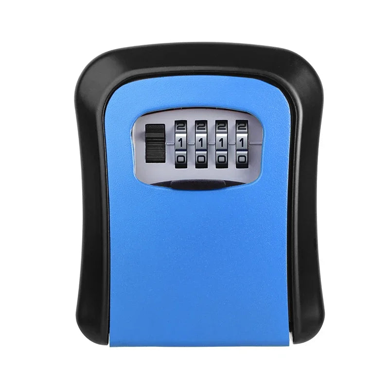 Blue and black metal wall-mounted key lock box with a four-digit combination dial.