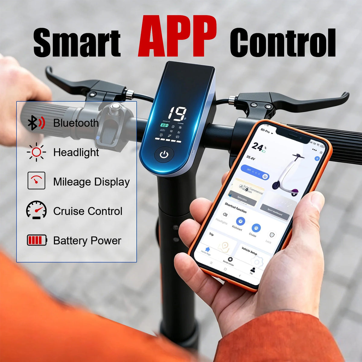 Black electric scooter handlebar with digital display, paired with a smartphone app showing controls.