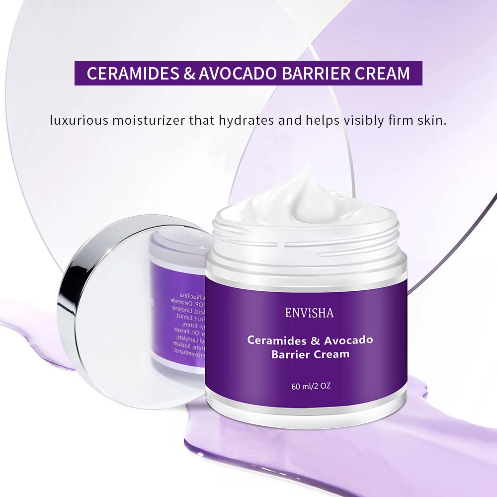 Open jar of white Ceramides & Avocado barrier cream with a purple label and silver lid, set on a light purple surface.