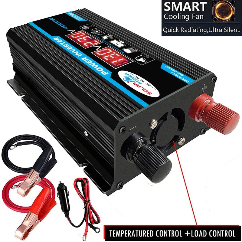 Black 4000W car power inverter with digital display, cooling fan, battery clips, and cigarette lighter adapter.