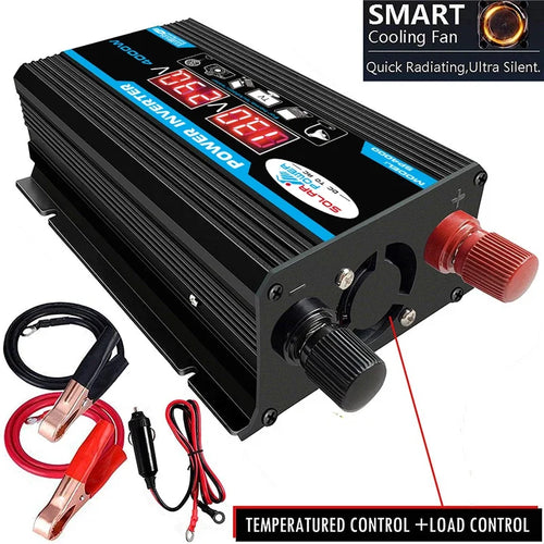 Black 4000W car power inverter with digital display, cooling fan, battery clips, and cigarette lighter adapter.