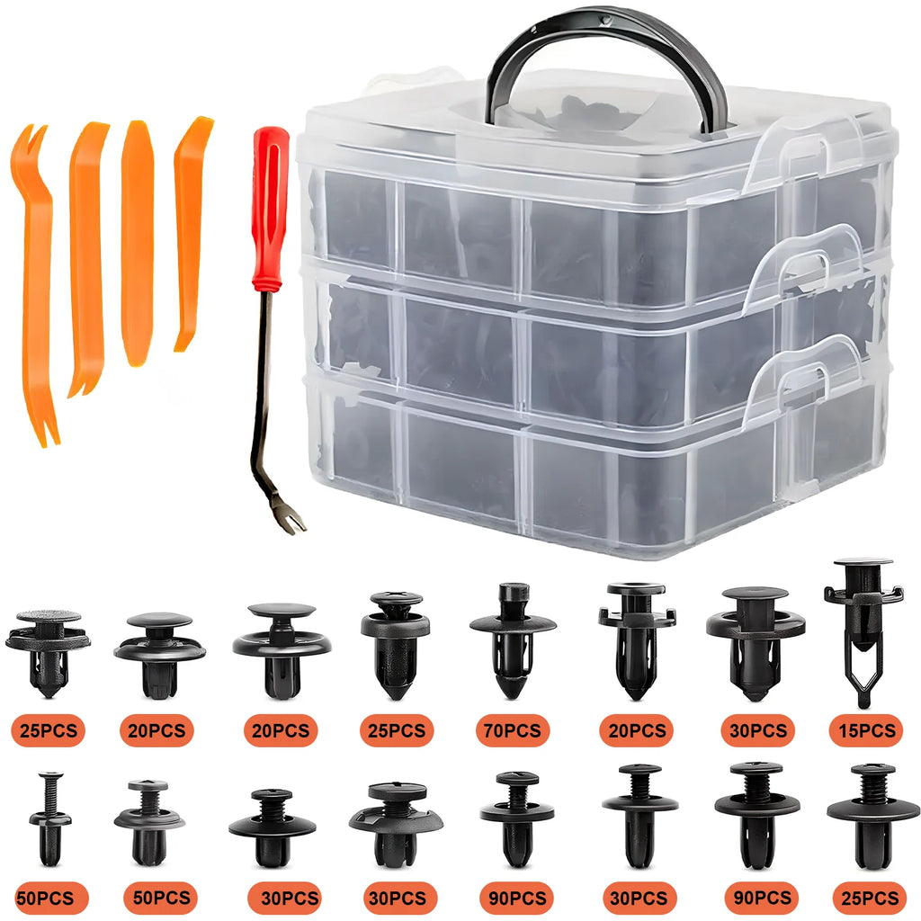 625-piece black auto fastener clip set in a 3-tier clear organizer with orange trim removal tools.