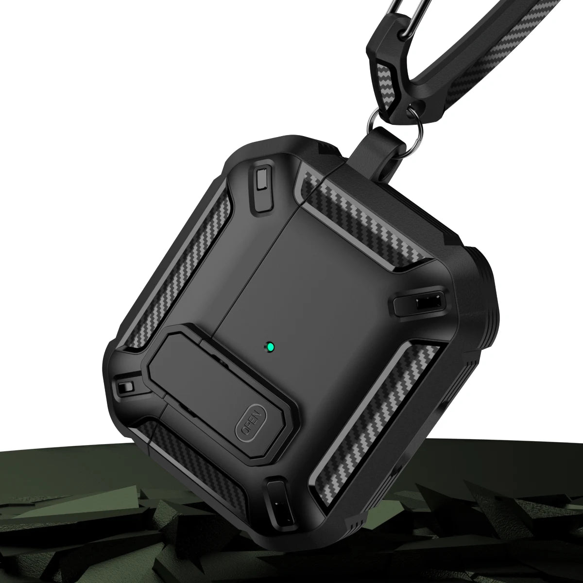 Rugged black carbon fibre-style AirPods case with locking latch and carabiner clip. Suitable for AirPods Pro.