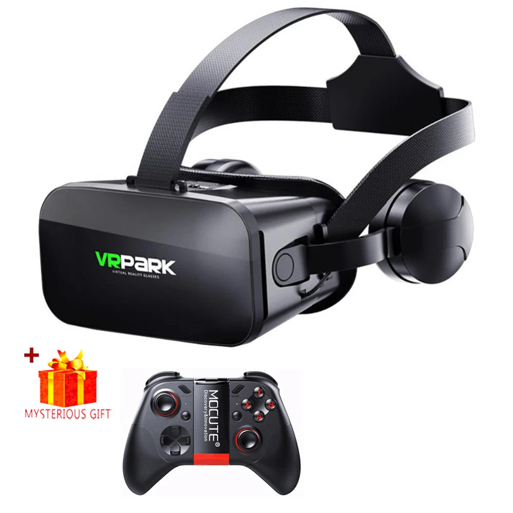 Black VR headset with integrated headphones, paired with a black gaming controller and a gift icon on white background.
