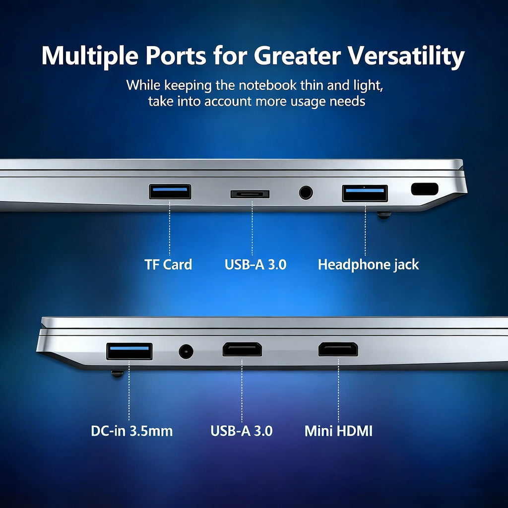 Side view of a slim, silver 15-inch laptop showing various ports, including USB 3.0, HDMI, and a headphone jack.