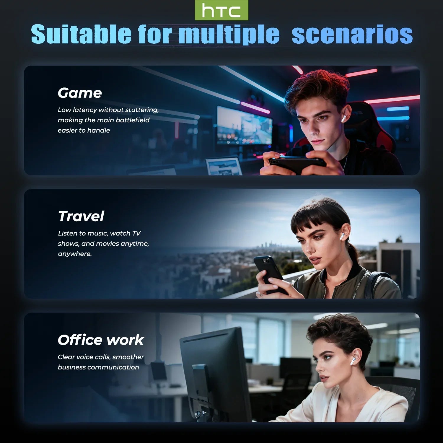 White wireless earbuds shown in use by people for gaming, travel, and office work.