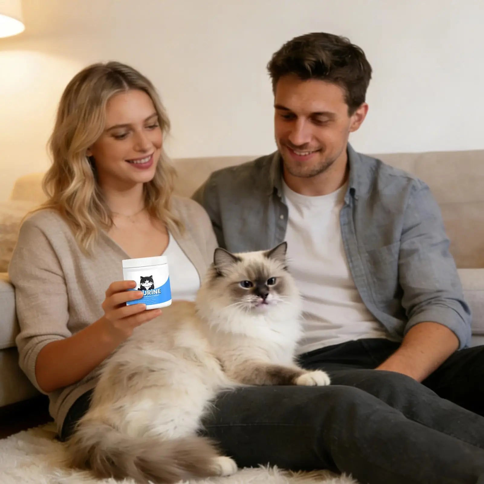 A couple sits on a rug with their fluffy cat, with the woman holding a white jar of cat taurine supplement.