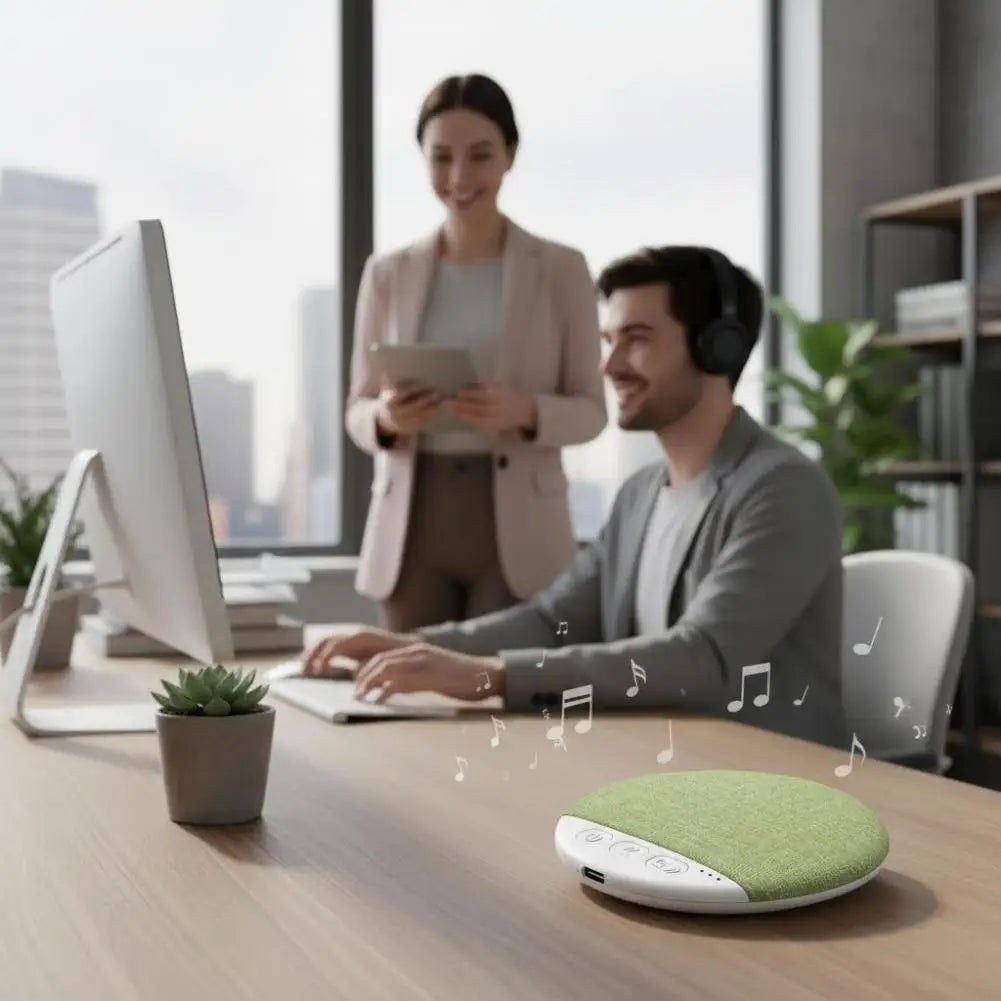 A green, disc-shaped wireless Bluetooth speaker sits on a desk, with musical note icons rising from its surface.