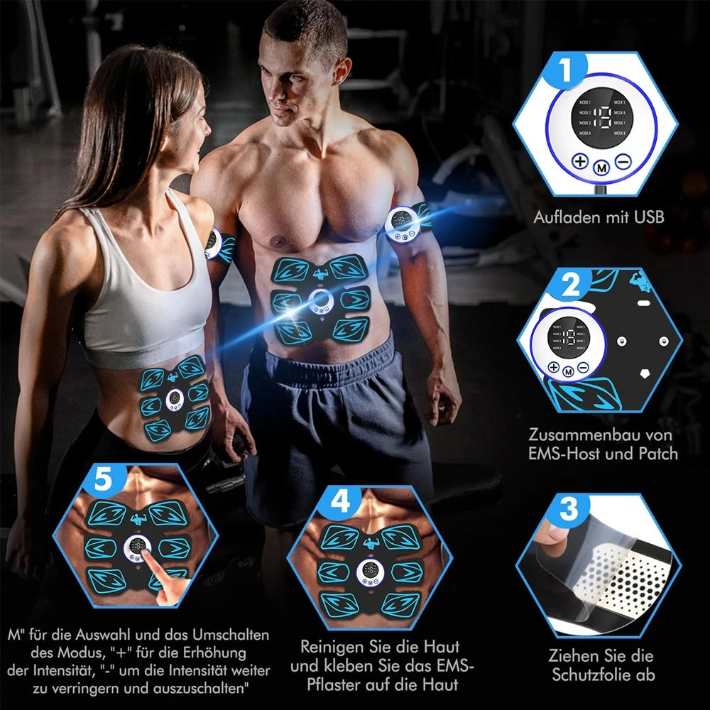 Wireless black and blue EMS abdominal muscle stimulators with digital display pads worn on abs and arms.