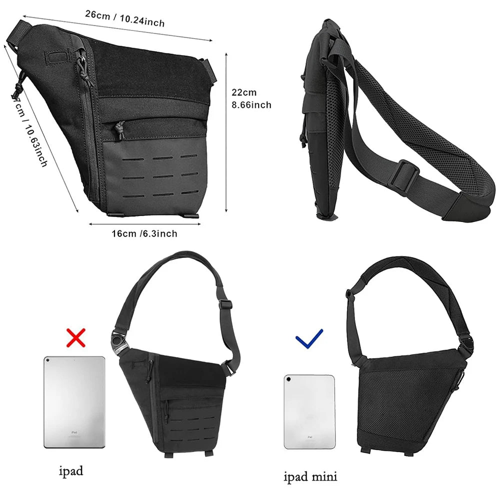 Black tactical crossbody sling bag with zip pockets, adjustable strap and MOLLE detailing. Fits an iPad mini.