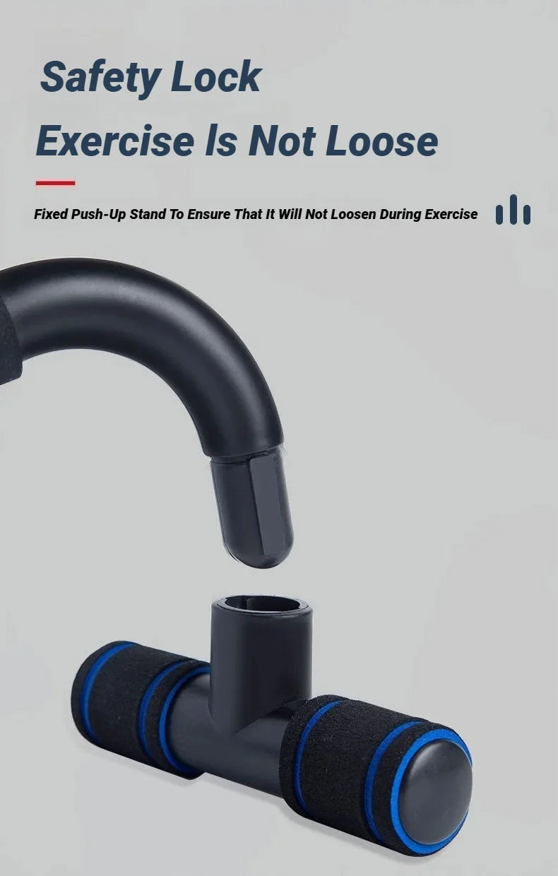 Black push-up stand with a safety-locking joint and foam-padded blue and black handles.
