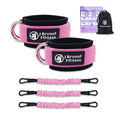 Pink and black ankle resistance bands with metal D-rings, three pink resistance tubes, training guide, and bag.