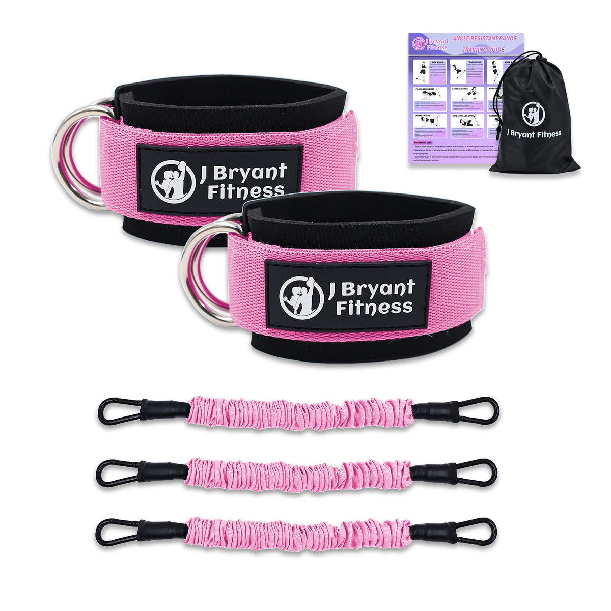 Pink and black ankle resistance bands with metal D-rings, three pink resistance tubes, training guide, and bag.