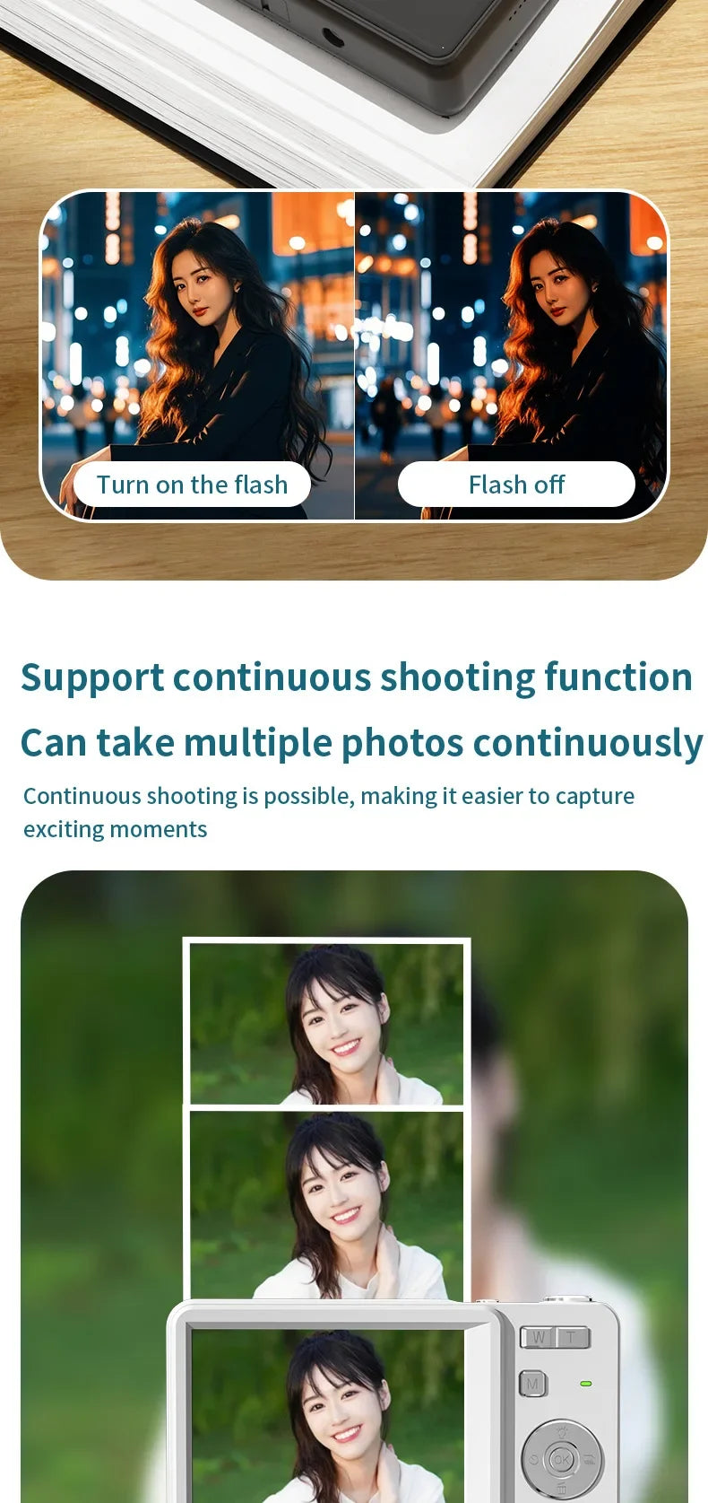 Digital camera showing flash comparison and a continuous shooting feature display with a live view screen.