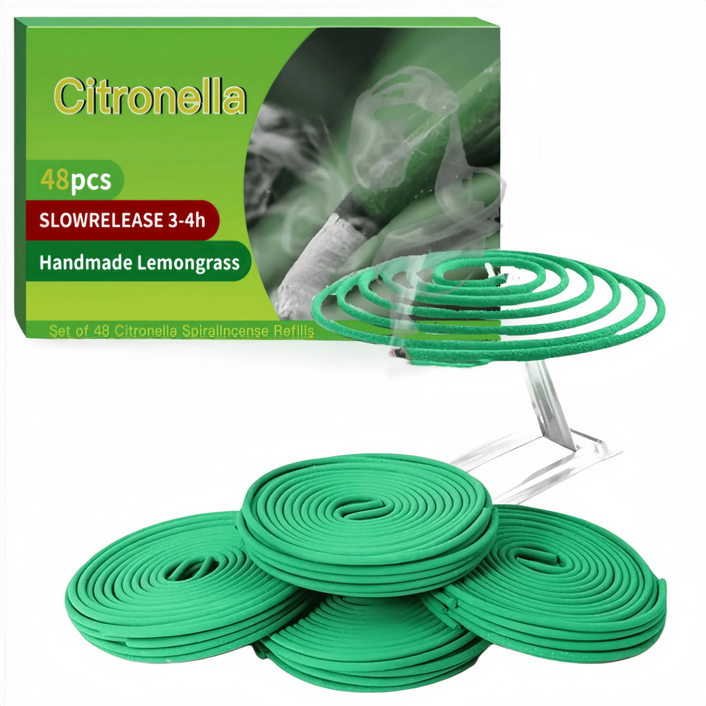Pack of 48 green citronella incense coils with metal holder, featuring a 3-4 hour slow-release lemongrass scent.