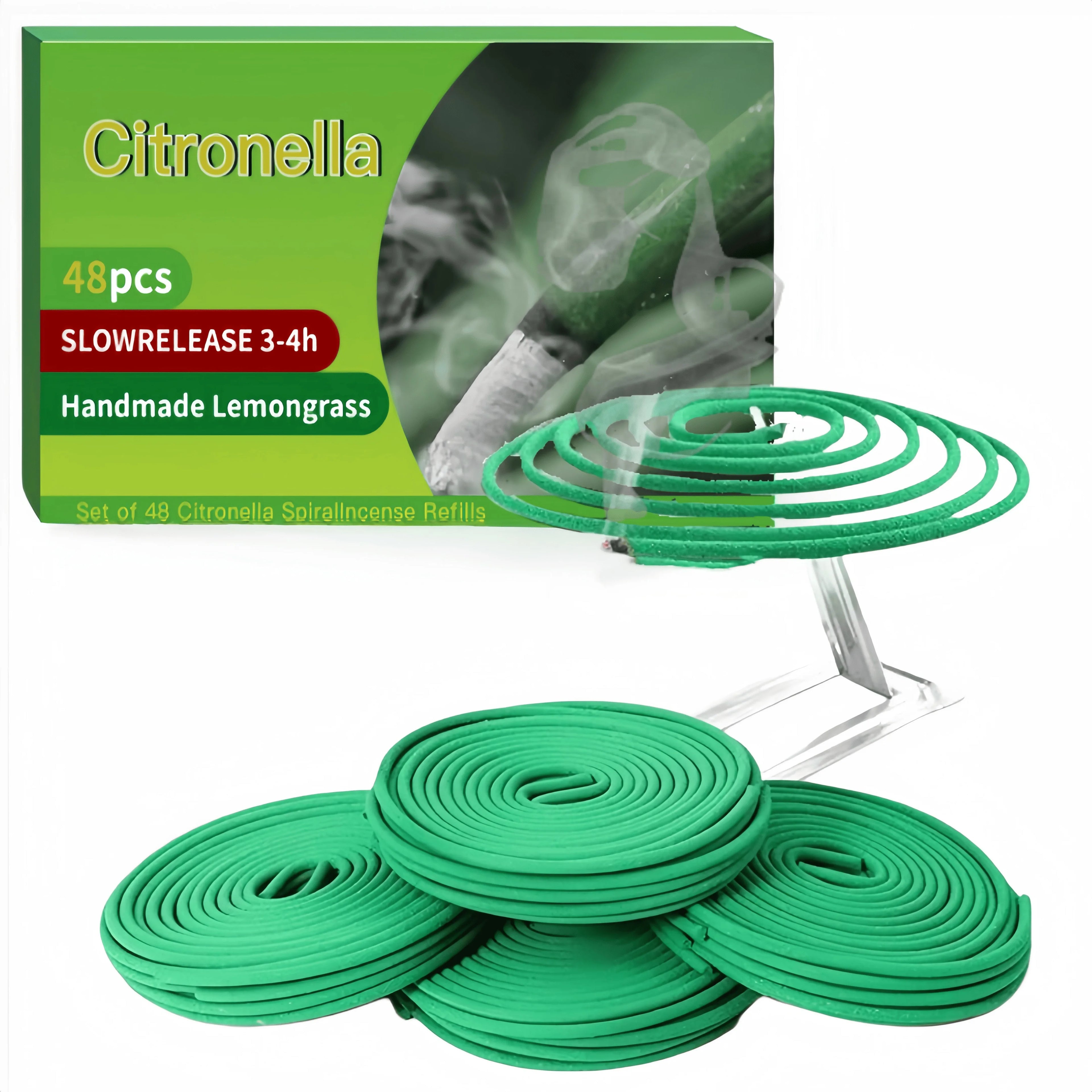 Pack of 48 green citronella incense coils with metal holder, featuring a 3-4 hour slow-release lemongrass scent.