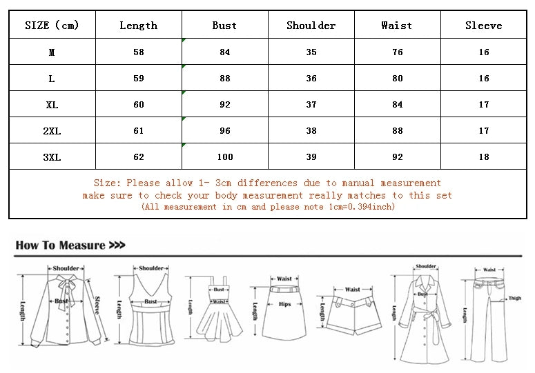 Clothing size chart with measurements for length, bust, shoulder, waist, and sleeve, plus a guide on how to measure.