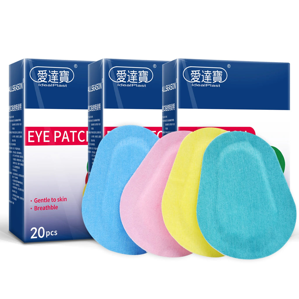 Pack of 20 breathable, fabric adhesive eye patches in blue, pink, and yellow, shown with their product packaging.