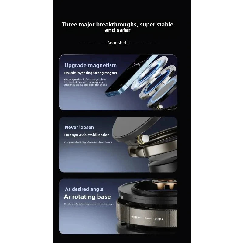 Magnetic phone mount featuring a double-layer strong magnet, stable axis hinge, and a 360-degree rotating black base.