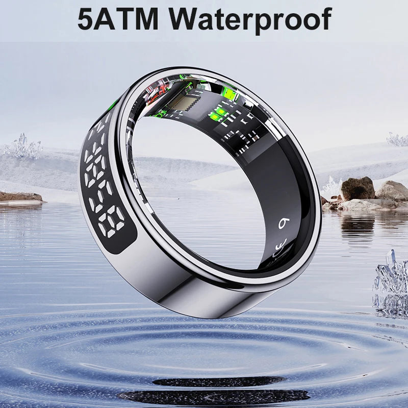Silver smart fitness ring with a digital touch display and visible internal tech, shown above water. 5ATM waterproof.