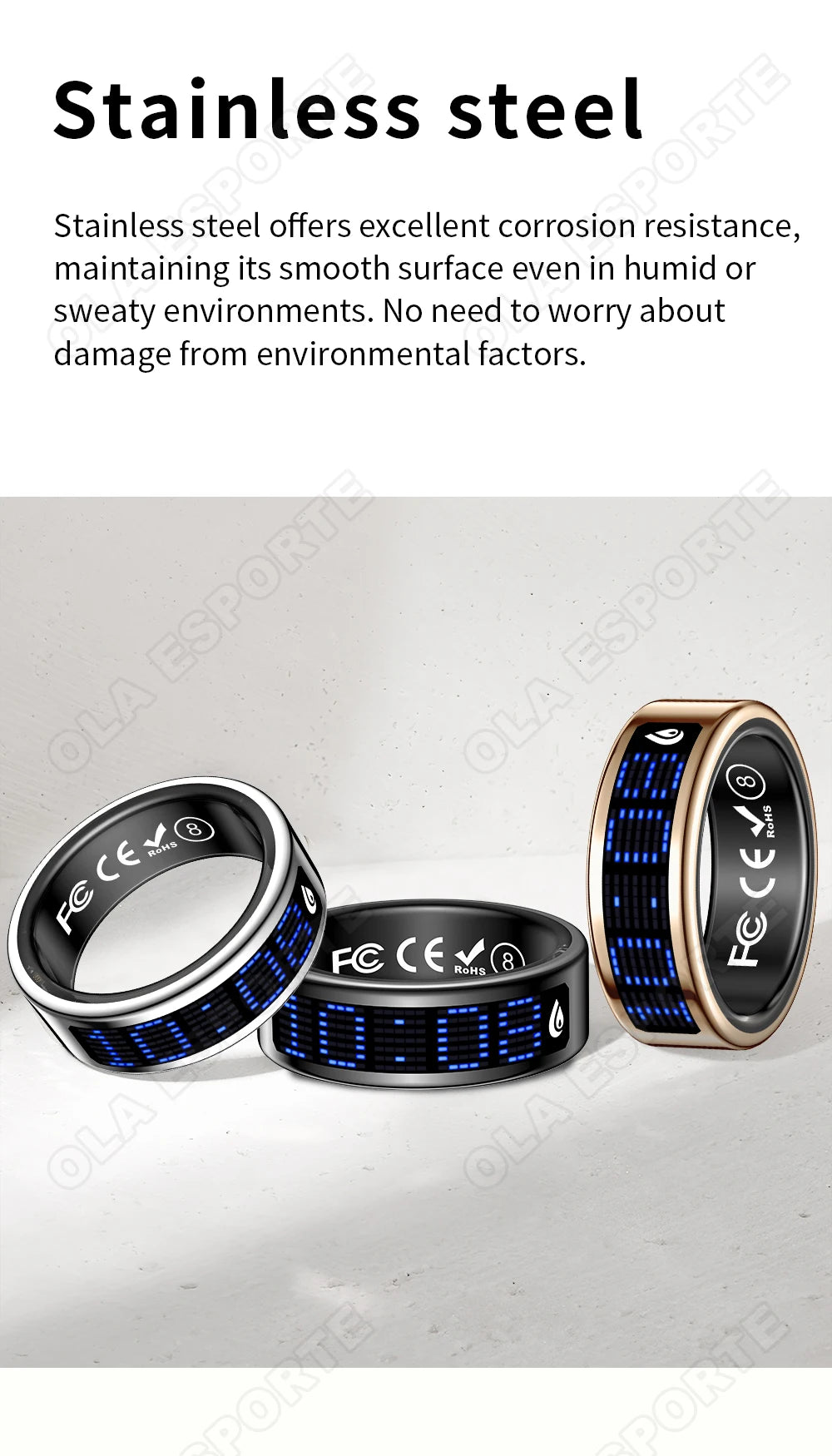 Three smart fitness rings in silver, black, and gold, featuring sleek stainless steel bands with digital LED displays.