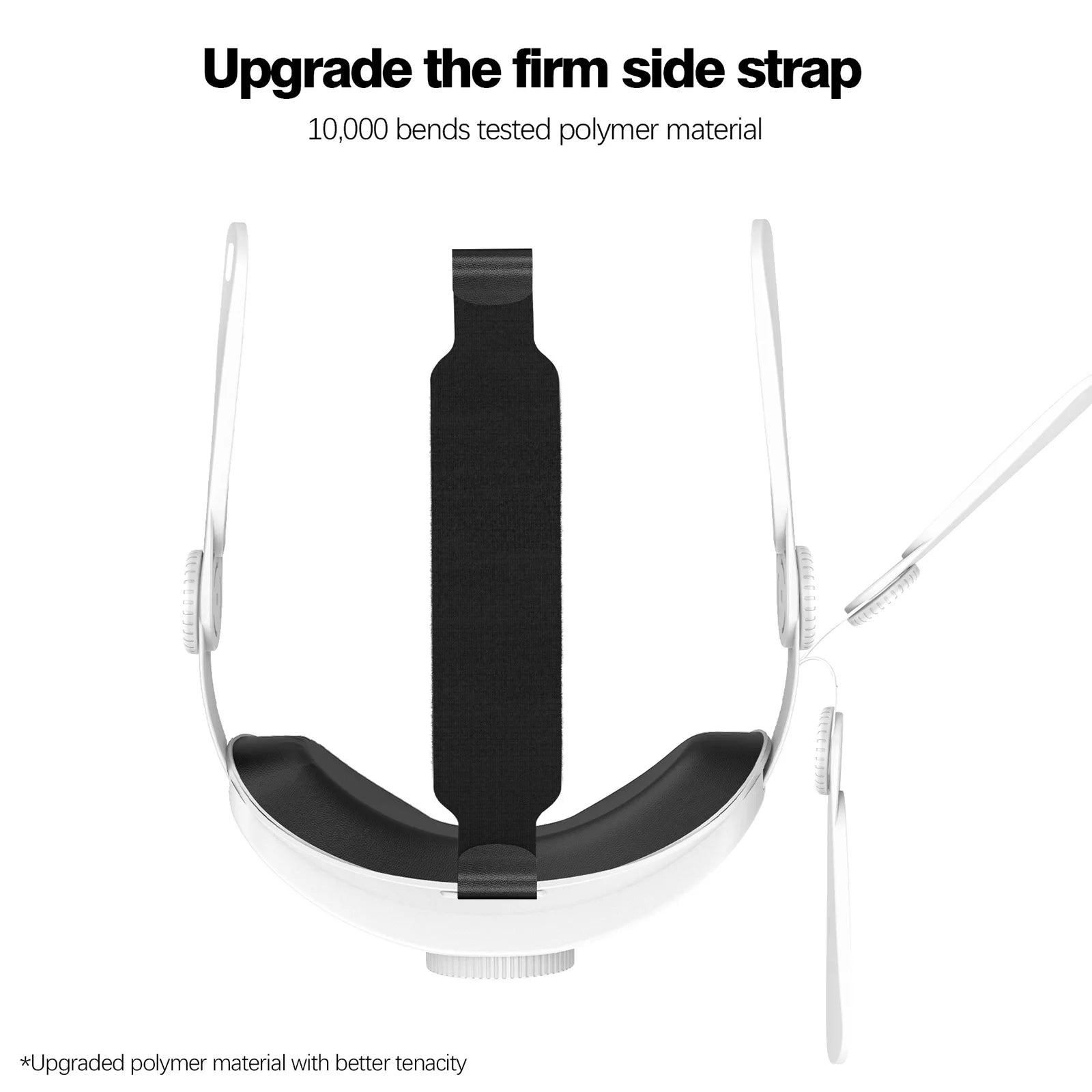 White VR headset replacement headband with a flexible, durable polymer side strap and black cushioned head support.