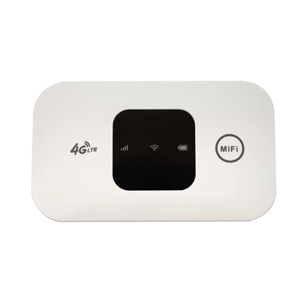 Slim white portable 4G LTE Wi-Fi router with a black central display screen showing signal, Wi-Fi and battery icons.