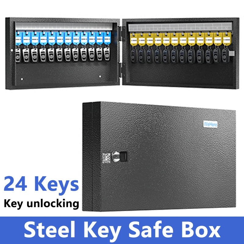 Black steel wall-mounted key cabinet with a lock, holding 24 key hooks with blue and yellow labels.