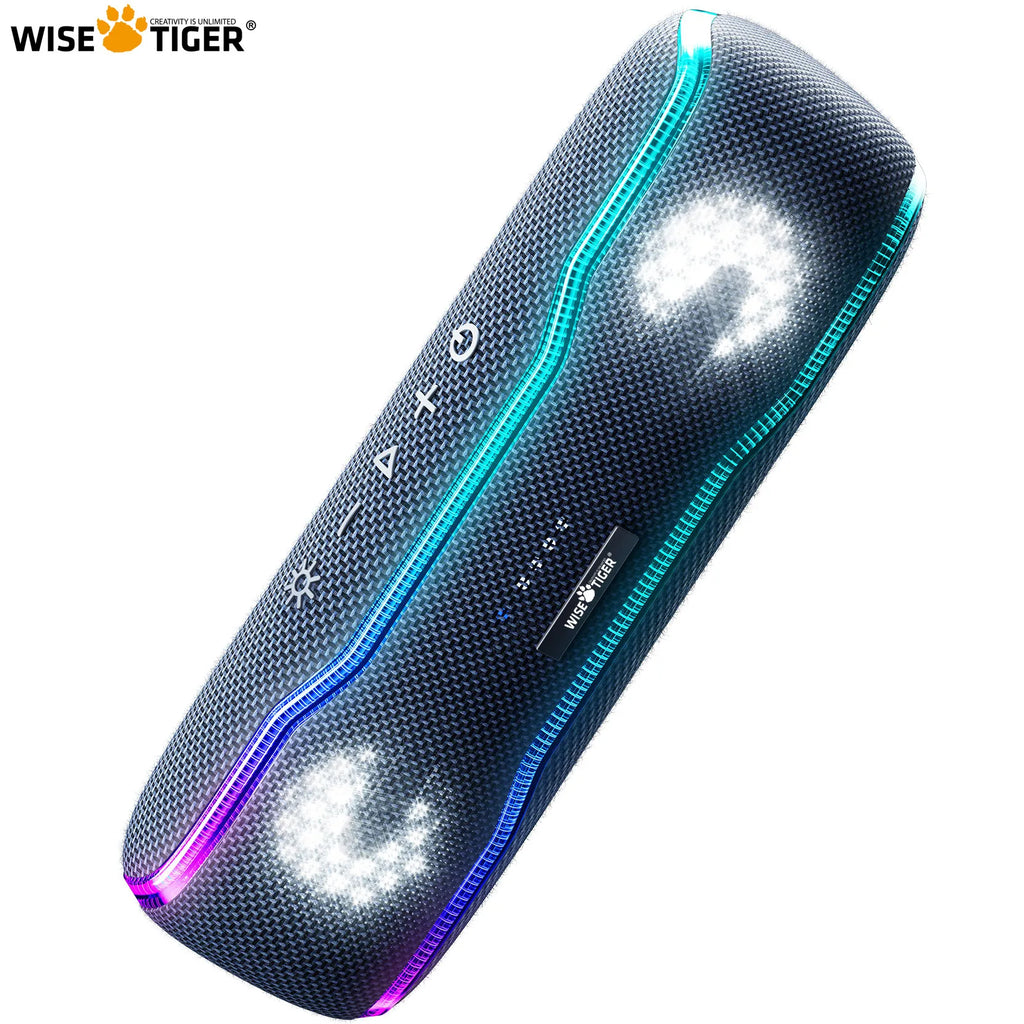 Portable dark grey Bluetooth speaker with textured finish, colourful LED light strips, and glowing accent lights.